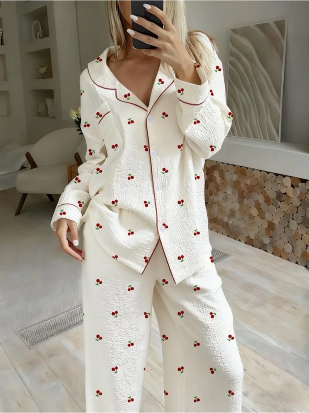 Cream Cherry-Print Pajama Set - Women Intimates & Sleepwear Size XXL